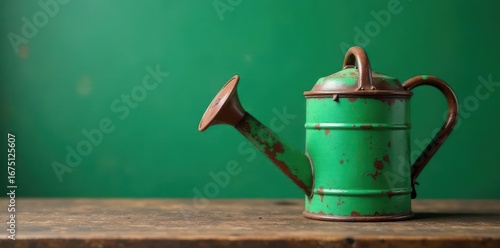 Vintage green metal watering can, weathered texture, close-up, leaf