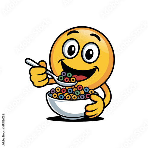 Cheerful smiley character enjoying a bowl of colorful cereal at breakfast