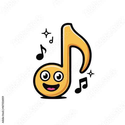 Smiling musical note character surrounded by small notes and sparkles in a playful design