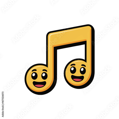 Smiling musical note character surrounded by small notes and sparkles in a playful design