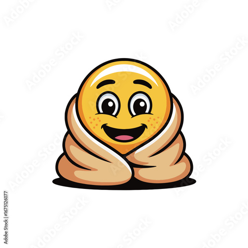 Smiling cartoon character wrapped in a cozy blanket enjoying comfort and warmth at home during chilly weather
