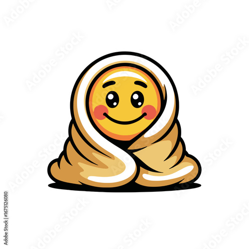 Smiling cartoon character wrapped in a cozy blanket enjoying comfort and warmth at home during chilly weather
