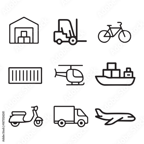 Commercial Vehicles Outline Icon Set. pallet, forklift, plane, drone, helicopter, ship, truck, warehouse, thin linear and more. Editable stroke. Vector Modern illustration