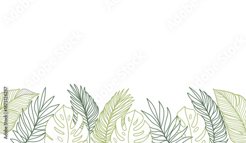 Tropical leaf line art wallpaper background vector. Design of natural Monstera leaves and banana leaves in a minimalist linear outline style. Design for print, cover, banner, decoration.