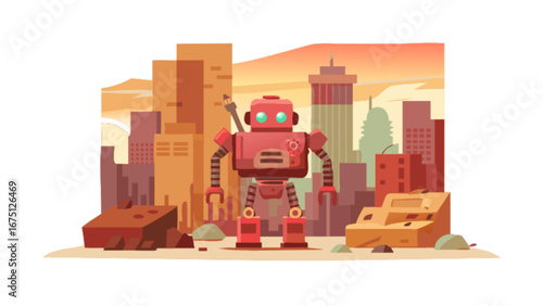 Retro robot standing in cityscape vector illustration for ai technology and futuristic design projects
