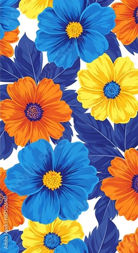 Wallpaper Mural Vibrant blue orange and yellow daisy flowers seamless pattern Torontodigital.ca