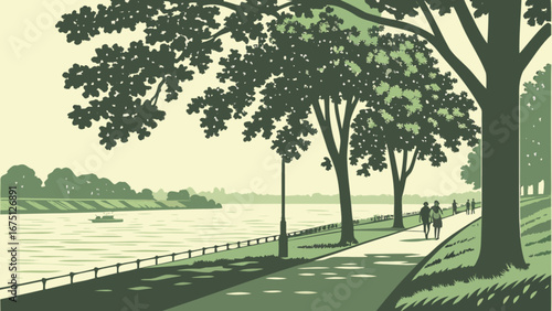 Greenway park walking trail riverside landscape with trees and people enjoying outdoor recreation scene vector art