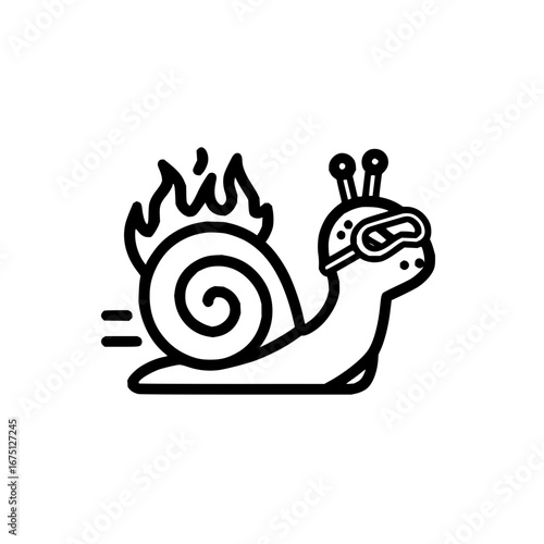 Illustration of a fast snail with flames, wearing goggles, racing snail, speed, fire, snail, animal, vector
