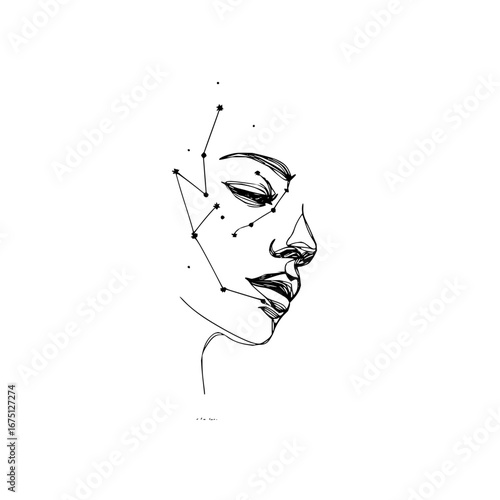 Constellation line art face drawing woman portrait minimalist sketch abstract modern contemporary fine art decor