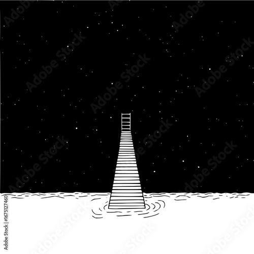 Night sky ladder to stars dock illustration black and white dreamscape surreal art cosmic stairway to heaven path 100