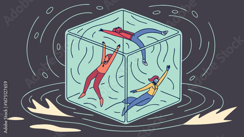 Conceptual illustration of people trapped in a cube representing isolation and confinement metaphor for mental health