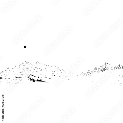 Mountain range landscape drawing with black sun illustration vector art scenic view nature design peak summit alps 100