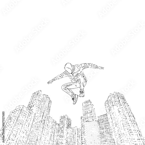 Urban parkour cityscape sketch art featuring hooded figure jumping over city buildings and skyscrapers art