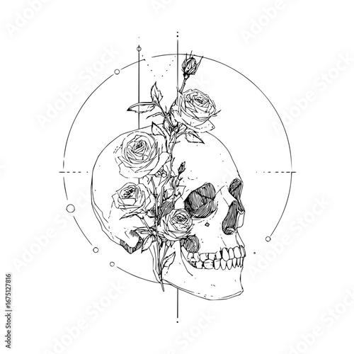 Skull and roses tattoo design gothic art illustration floral skull tattoo aesthetic dark art skull drawing art print