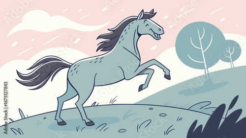 Cartoon horse illustration running in nature landscape vector drawing for children and design projects use