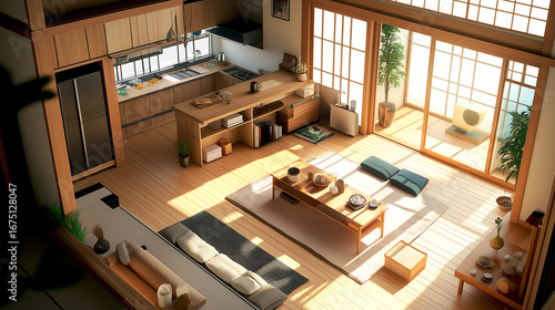 Wallpaper Mural Isometric apartment hotel or house interior living room and kitchen with big windows and balcony Japanese style Torontodigital.ca