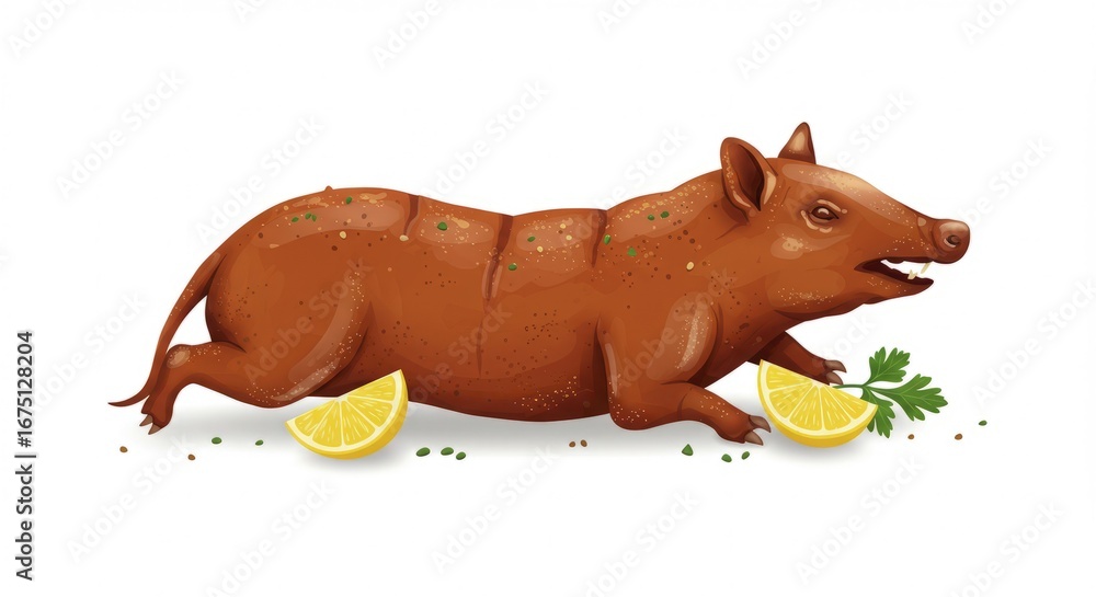 Obraz premium Roasted Pig with Lemon and Herbs, Isolated on White Background