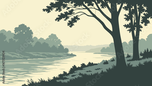 River landscape painting with trees and forest illustration for nature scenic background design art print poster