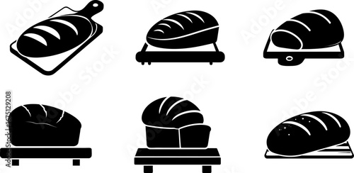 A collection of black-and-white icons depicting various types of bread on cutting boards and trays.