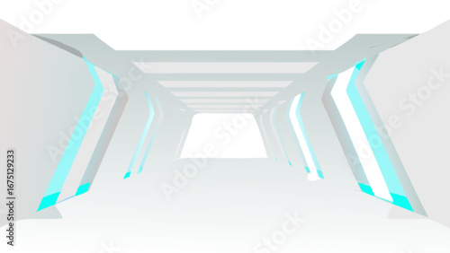 Futuristic white corridor tunnel with blue neon lights modern interior design stock photo and background image