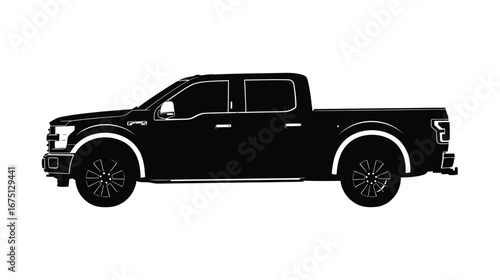 Sleek black pickup truck with a modern design showcasing its powerful stance and stylish wheels against a clean perfectly on white background