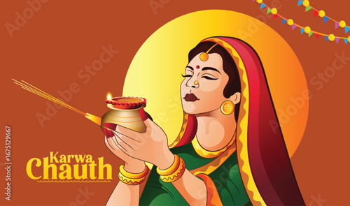 Karwa Chauth Celebration with Traditional Indian Woman Holding Decorative Puja Thali
