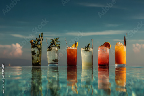 discover top  iconic cocktails beautifully arranged beside sparkling pool in luxurious resort transporting you to