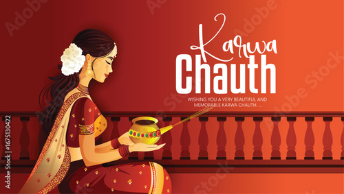 Karwa Chauth Celebration with Traditional Indian Woman Holding Decorative Puja Thali