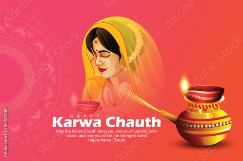 Karwa Chauth Celebration with Traditional Indian Woman Holding Decorative Puja Thali