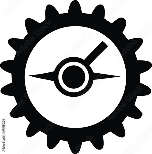 Abstract circular gear with dial and pointer symbol representing precision timekeeping mechanical engineering and industrial processes
