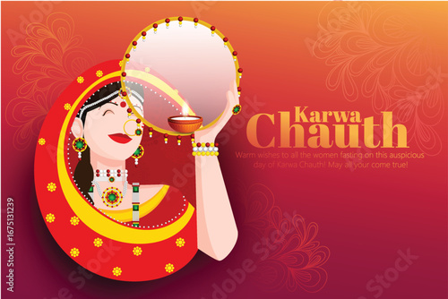 Karwa Chauth Celebration with Traditional Indian Woman Holding Decorative Puja Thali