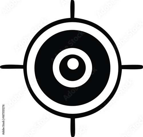 Bold black and white target symbol featuring concentric circles and crosshairs for aiming and focus visuals