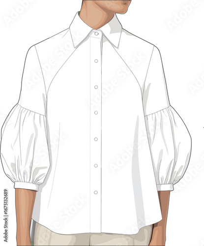 Fashion flat sketch of a white collared blouse with voluminous gathered sleeves fashion sketch