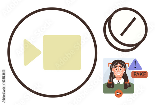 Video recording icon, deepfake detection with a warning alert, and privacy protection symbol. Ideal for technology, media, cybersecurity, online safety, artificial intelligence, innovation digital