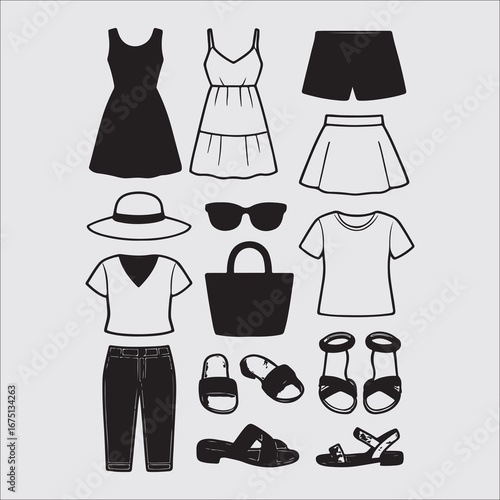 Summer Vacation Clothing and Accessories Collection with Dresses Shorts Skirts T Shirts Sandals and Sunglasses in Minimalist Style