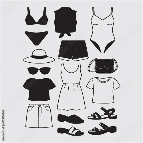 Summer Fashion Essentials Vector Illustration Featuring Swimsuits Dresses Shorts Sandals and Accessories Ideal for Vacation Planning and Style Inspiration