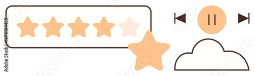 Five-star rating bar with one star highlighted, media playback buttons with pause and cloud design. Ideal for evaluation, streaming, feedback, review, cloud storage, media interface, simple flat