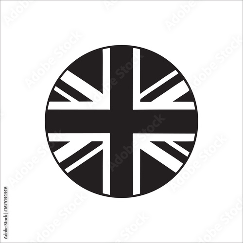 Graphic Black and White Union Jack Flag Icon in a Circle for Patriotic Themes and British Identity Design Elements