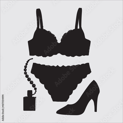 Elegant Lingerie Set with Pearls Perfume and High Heel Shoe in Minimalist Black and White Silhouette Style Glamour and Style