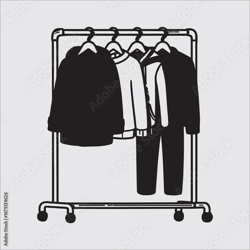 Clothing Rack with Assorted Garments in Black and White Minimalist Style Wardrobe Organization and Design
