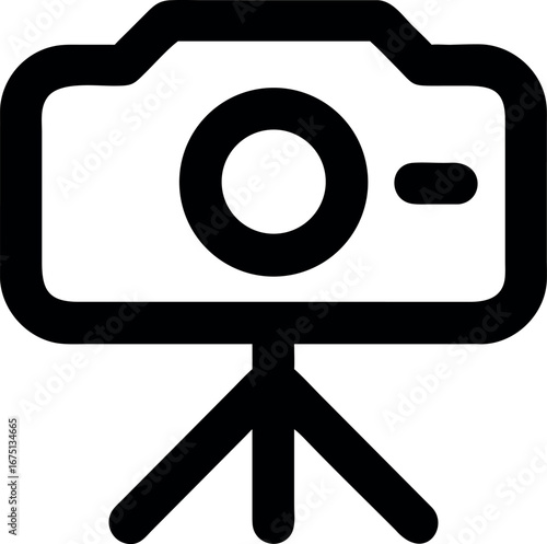 Minimalist black outline icon of a professional camera mounted on a stable tripod stand for photography or videography
