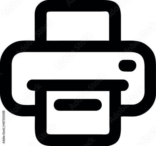 Simple black line art icon of a printer, symbolizing document printing, office equipment, and digital output on a white background