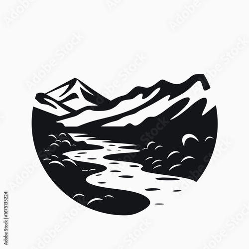 Majestic mountains rise above the meandering river, a natural landscape silhouette