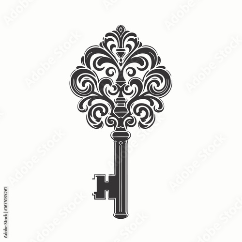 Ornate key design with vintage swirls and Victorian filigree silhouette
