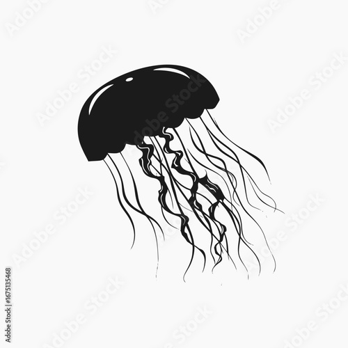 Minimalist jellyfish illustration with long tentacles presented as a black silhouette