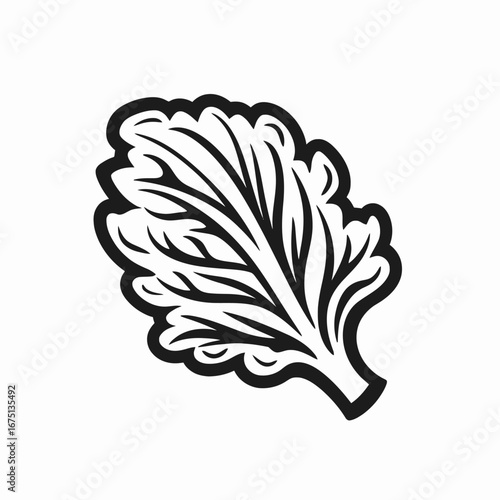 Ornamental leaf with bold contours in black and white graphic silhouette