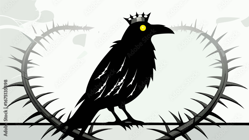 Fototapeta premium Illustration of a crowned raven perched on a thorny branch against a white background with cloud shapes silhouette