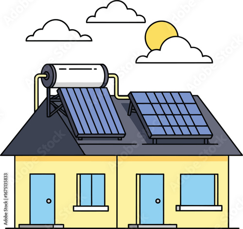 Modern home powered by solar panels and solar water heater under a sunny sky
