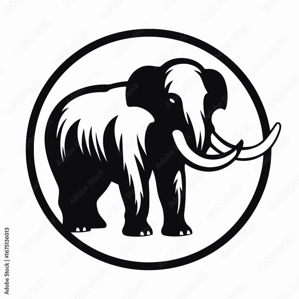 Obraz premium Majestic mammoth, standing powerful in black and white circular frame silhouette