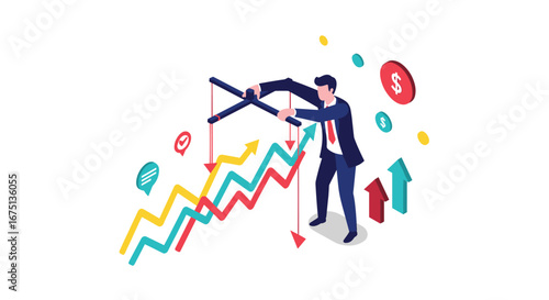 Business leader controlling financial trends with upward arrows and profit symbols in dynamic design